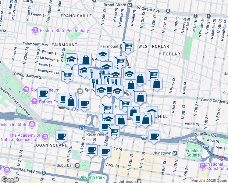 map of restaurants, bars, coffee shops, grocery stores, and more near 440 North Broad Street in Philadelphia