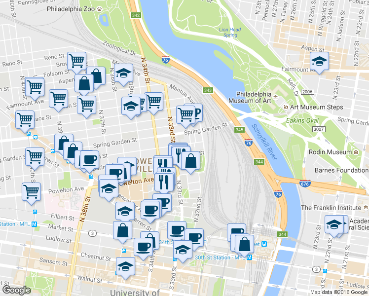 map of restaurants, bars, coffee shops, grocery stores, and more near 3214 Baring Street in Philadelphia