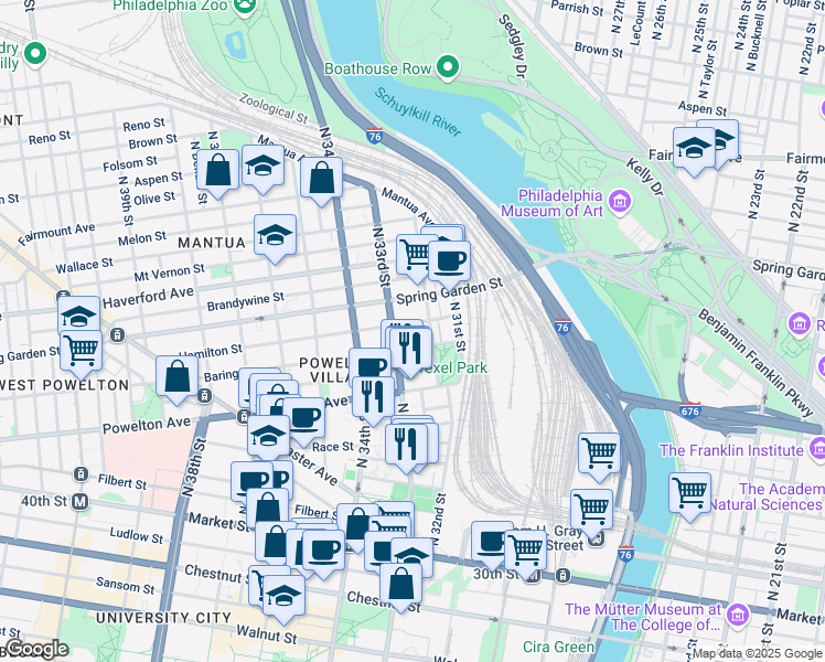 map of restaurants, bars, coffee shops, grocery stores, and more near 3214 Baring Street in Philadelphia