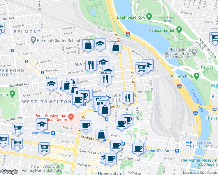 map of restaurants, bars, coffee shops, grocery stores, and more near 3509 Baring Street in Philadelphia