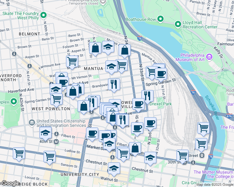 map of restaurants, bars, coffee shops, grocery stores, and more near 3509 Baring Street in Philadelphia