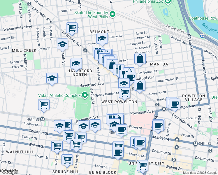 map of restaurants, bars, coffee shops, grocery stores, and more near 4047 Spring Garden Street in Philadelphia