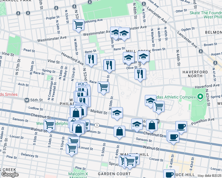 map of restaurants, bars, coffee shops, grocery stores, and more near 108 North 50th Street in Philadelphia
