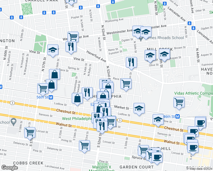 map of restaurants, bars, coffee shops, grocery stores, and more near 5210 Arch Street in Philadelphia