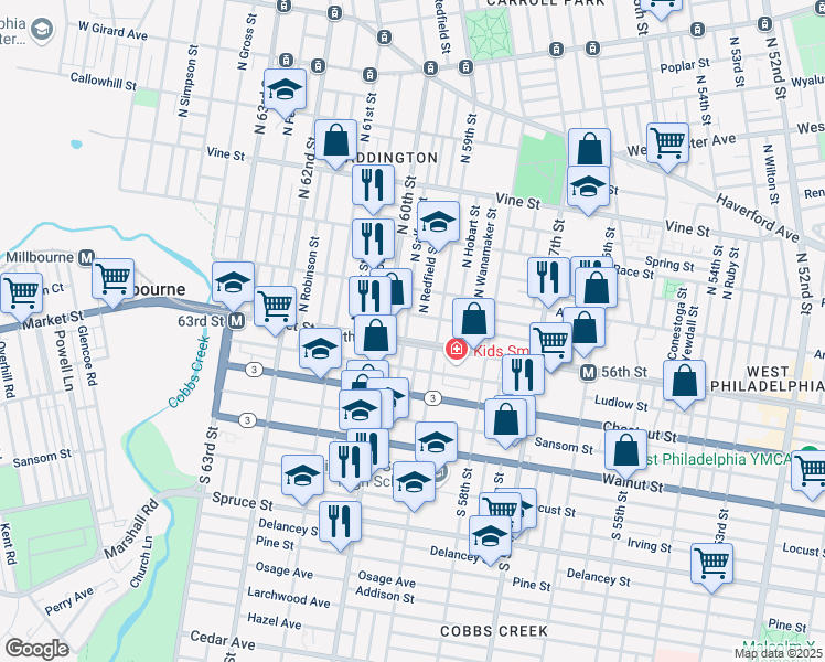 map of restaurants, bars, coffee shops, grocery stores, and more near 9 South Salford Street in Philadelphia