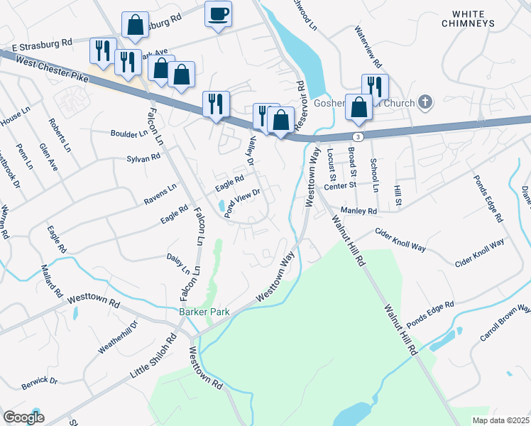 map of restaurants, bars, coffee shops, grocery stores, and more near 1212 Valley Drive in West Chester
