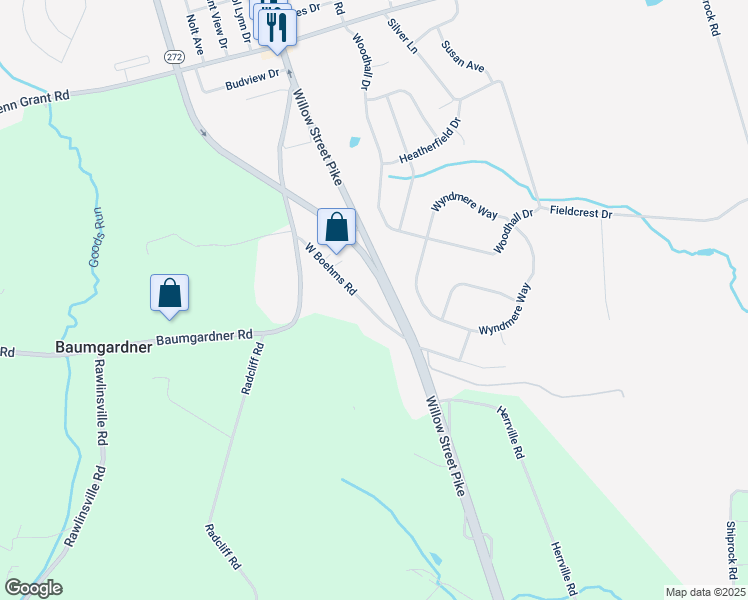 map of restaurants, bars, coffee shops, grocery stores, and more near 13 West Boehms Road in Willow Street