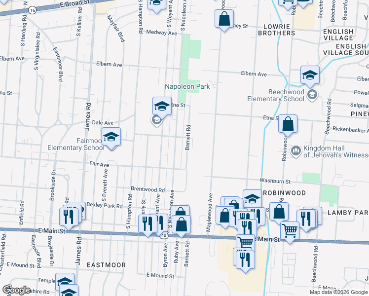 map of restaurants, bars, coffee shops, grocery stores, and more near 532 Barnett Road in Columbus