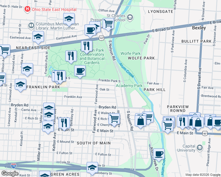 map of restaurants, bars, coffee shops, grocery stores, and more near 1862 Franklin Avenue in Columbus