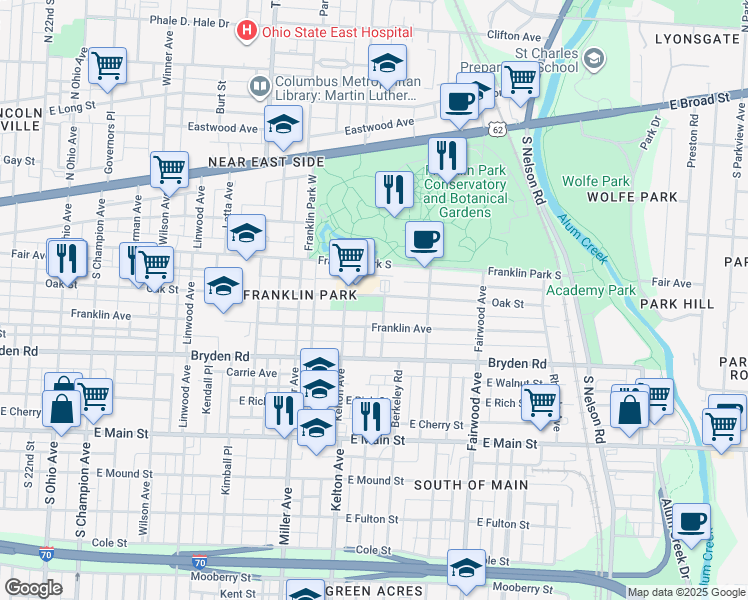 map of restaurants, bars, coffee shops, grocery stores, and more near 1582 Franklin Avenue in Columbus