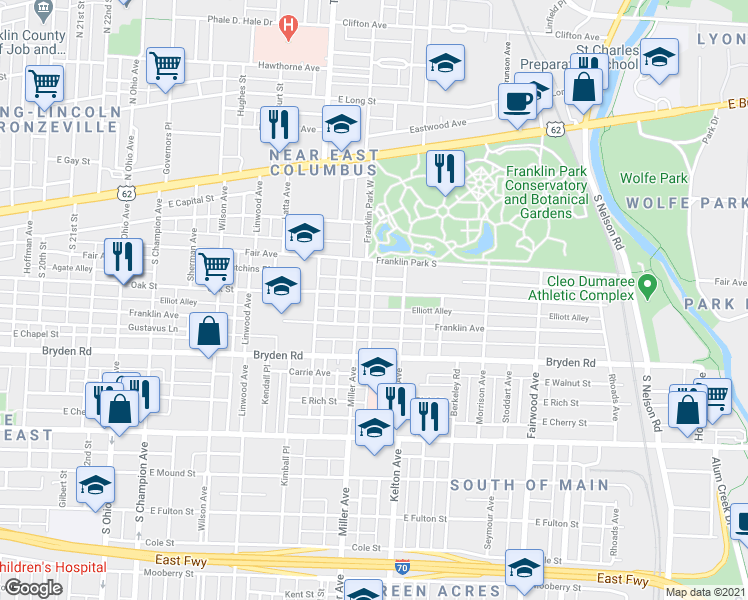 map of restaurants, bars, coffee shops, grocery stores, and more near 1530 Franklin Avenue in Columbus