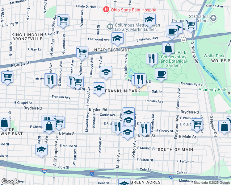 map of restaurants, bars, coffee shops, grocery stores, and more near 1420 Franklin Avenue in Columbus