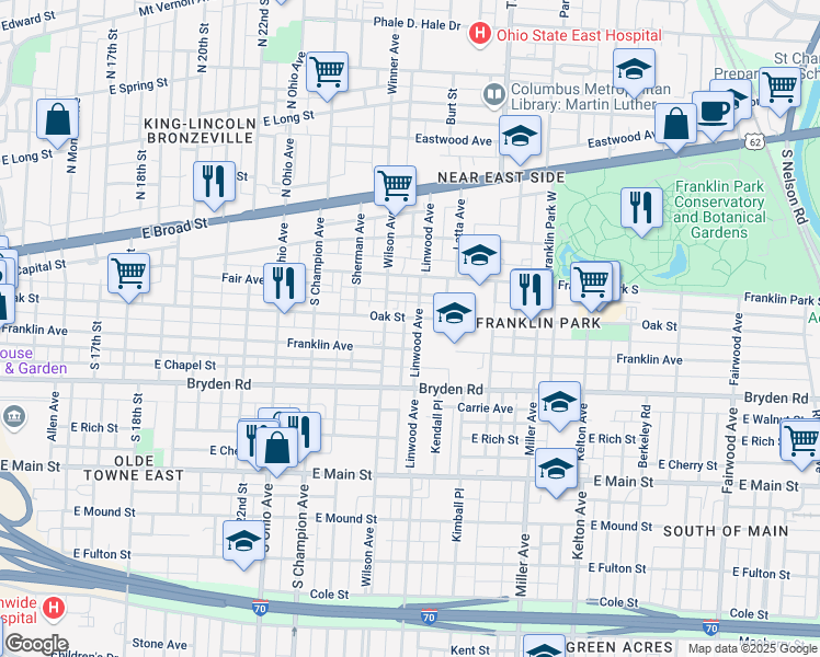 map of restaurants, bars, coffee shops, grocery stores, and more near 1301 Franklin Avenue in Columbus