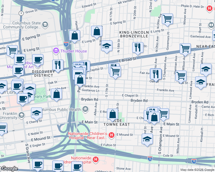map of restaurants, bars, coffee shops, grocery stores, and more near 165 South 18th Street in Columbus