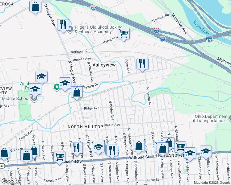 map of restaurants, bars, coffee shops, grocery stores, and more near 308 North Ogden Avenue in Columbus