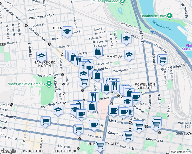 map of restaurants, bars, coffee shops, grocery stores, and more near in Philadelphia