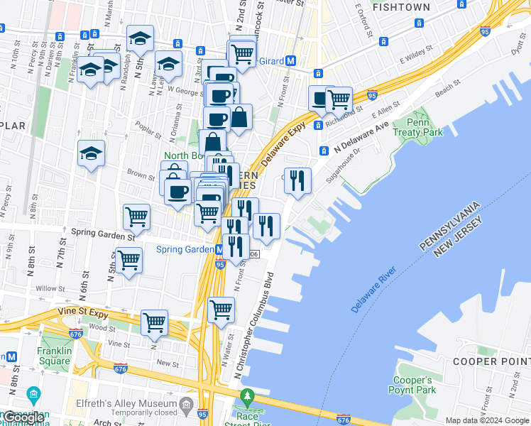 map of restaurants, bars, coffee shops, grocery stores, and more near 707 North Front Street in Philadelphia
