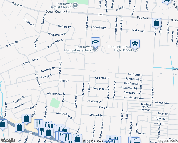 map of restaurants, bars, coffee shops, grocery stores, and more near 1407 Weeping Willow Court in Toms River