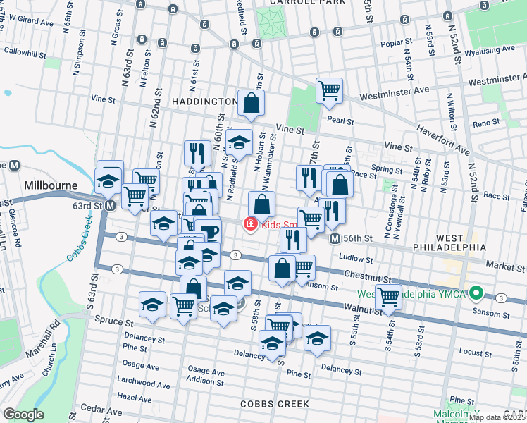 map of restaurants, bars, coffee shops, grocery stores, and more near 5816 Filbert Street in Philadelphia