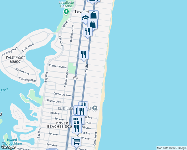 map of restaurants, bars, coffee shops, grocery stores, and more near 9 Newark Avenue in Lavallette