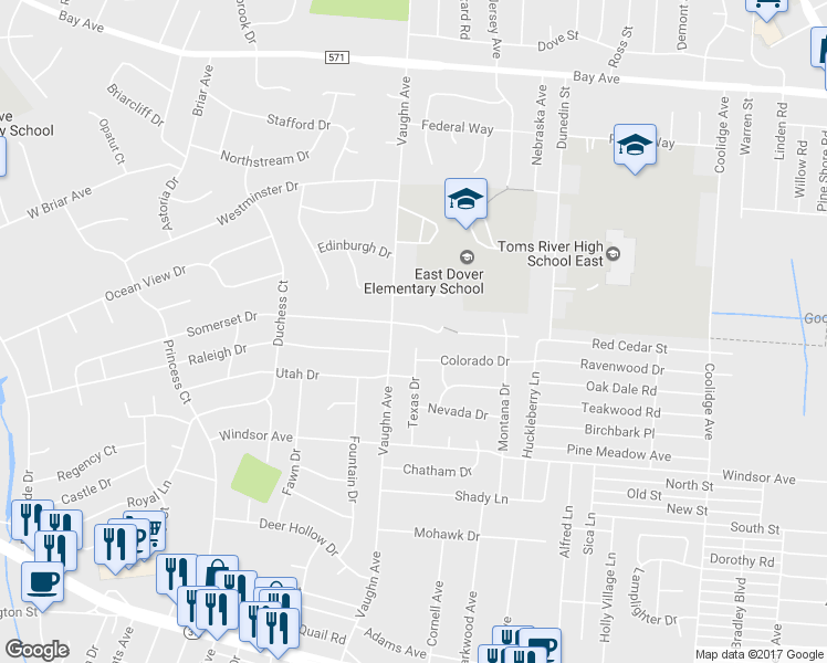 map of restaurants, bars, coffee shops, grocery stores, and more near 1407 Weeping Willow Court in Toms River
