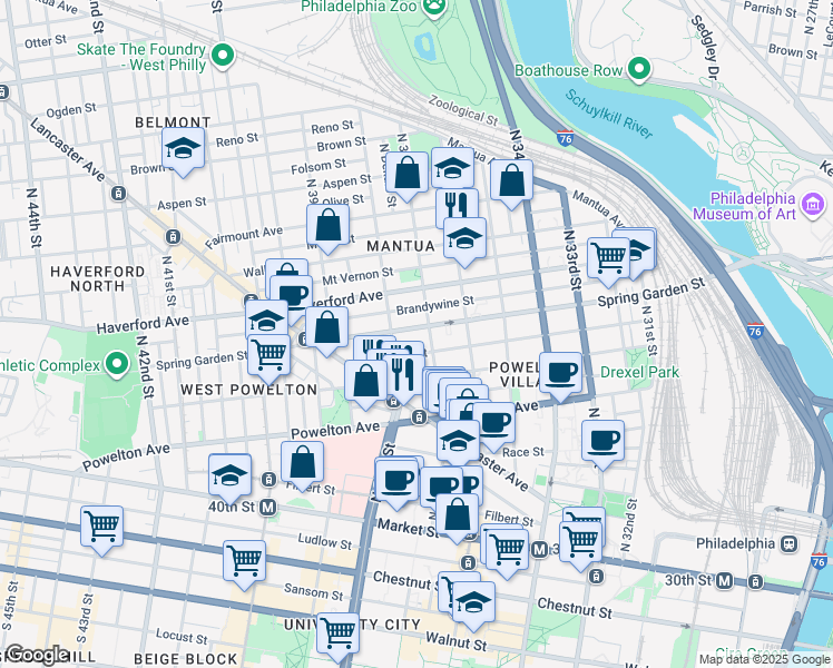 map of restaurants, bars, coffee shops, grocery stores, and more near 3710 Spring Garden Street in Philadelphia