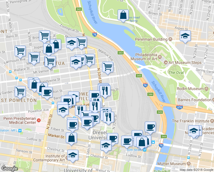 map of restaurants, bars, coffee shops, grocery stores, and more near 3202 Hamilton Street in Philadelphia