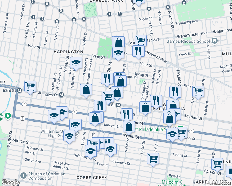 map of restaurants, bars, coffee shops, grocery stores, and more near 49 North Ithan Street in Philadelphia
