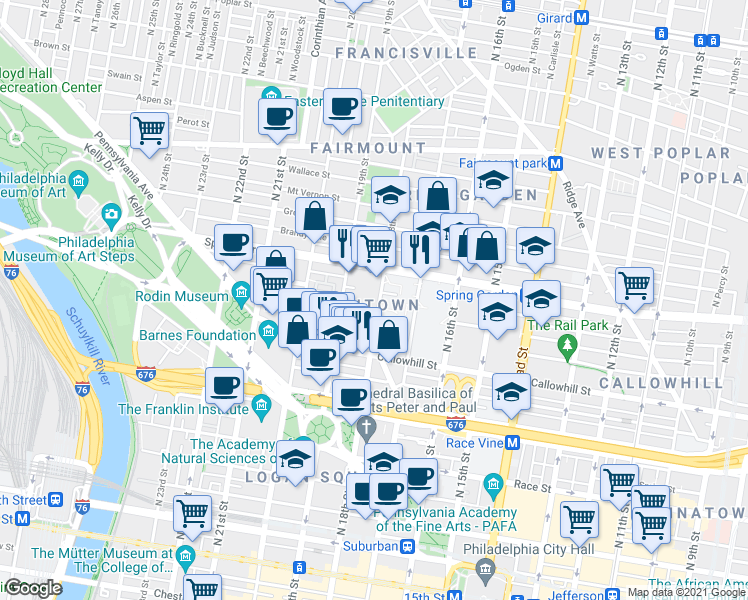 map of restaurants, bars, coffee shops, grocery stores, and more near 910 North 20th Street in Philadelphia