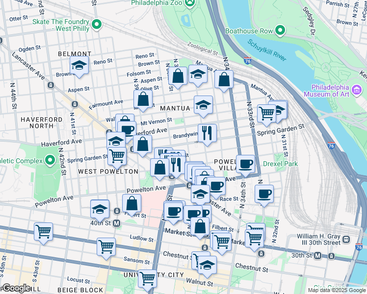 map of restaurants, bars, coffee shops, grocery stores, and more near 3706 Spring Garden Street in Philadelphia