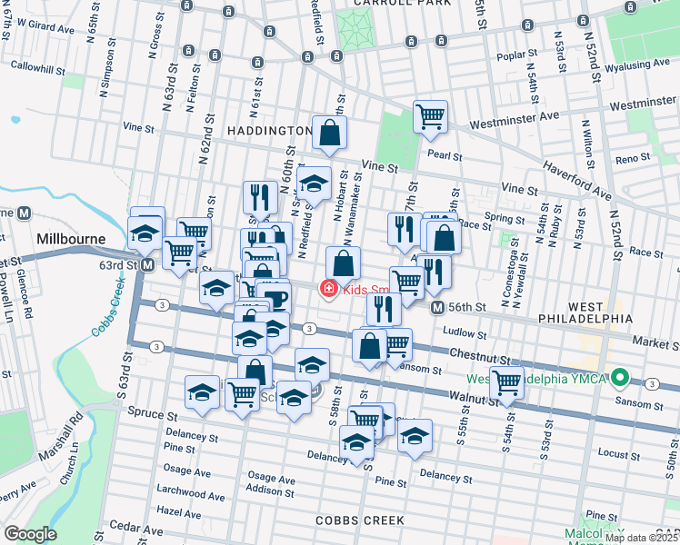 map of restaurants, bars, coffee shops, grocery stores, and more near 5824 Filbert Street in Philadelphia