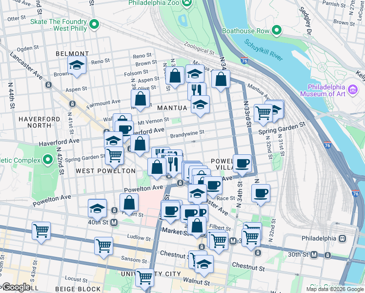 map of restaurants, bars, coffee shops, grocery stores, and more near 3718 Hamilton Street in Philadelphia