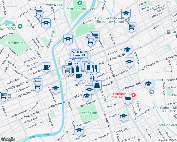 map of restaurants, bars, coffee shops, grocery stores, and more near 20 West Market Street in York