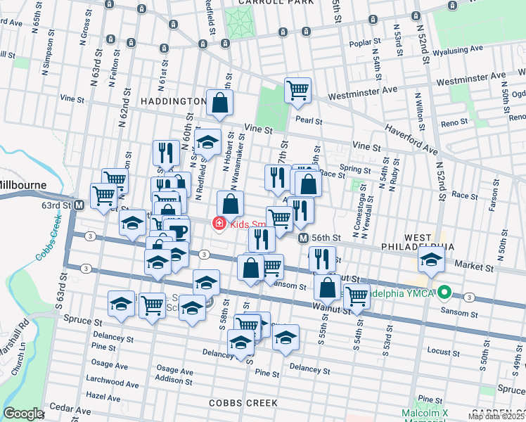 map of restaurants, bars, coffee shops, grocery stores, and more near 5718 Filbert Street in Philadelphia