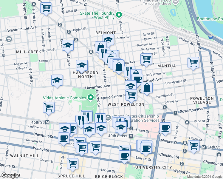 map of restaurants, bars, coffee shops, grocery stores, and more near 528 North Budd Street in Philadelphia