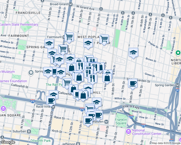 map of restaurants, bars, coffee shops, grocery stores, and more near 523 North 11th Street in Philadelphia