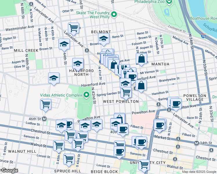 map of restaurants, bars, coffee shops, grocery stores, and more near 4047 Spring Garden Street in Philadelphia