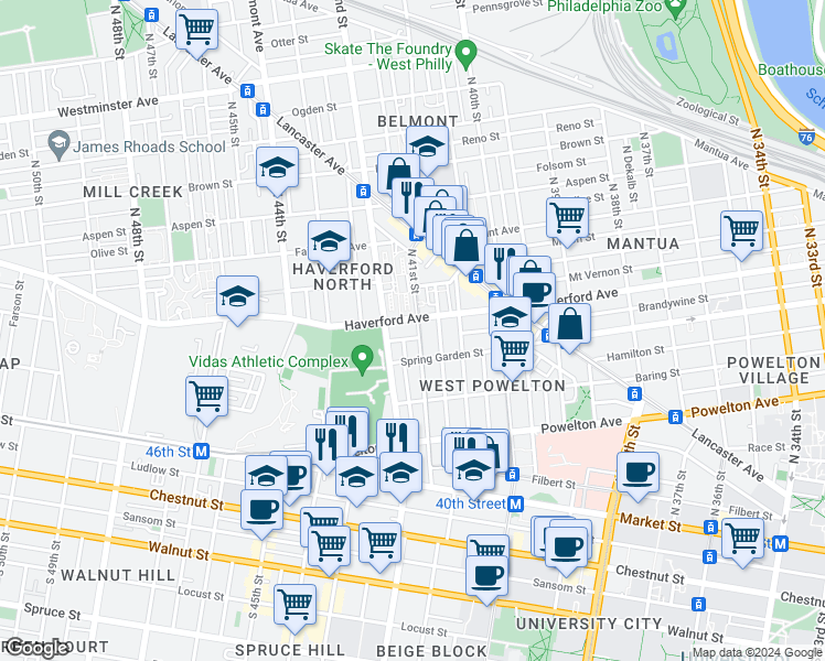 map of restaurants, bars, coffee shops, grocery stores, and more near 4100 Haverford Avenue in Philadelphia