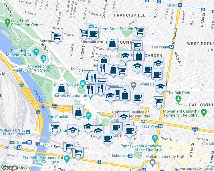 map of restaurants, bars, coffee shops, grocery stores, and more near 1915 Hamilton Street in Philadelphia