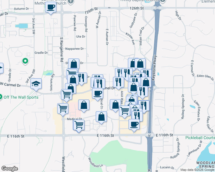map of restaurants, bars, coffee shops, grocery stores, and more near 325 East Carmel Drive in Carmel