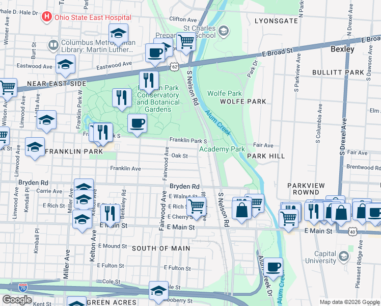 map of restaurants, bars, coffee shops, grocery stores, and more near 1862 Franklin Avenue in Columbus