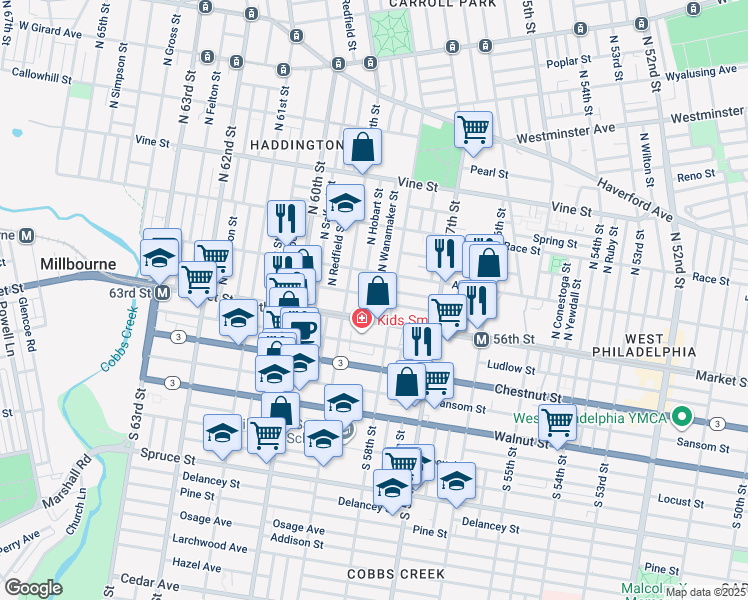 map of restaurants, bars, coffee shops, grocery stores, and more near 5824 Filbert Street in Philadelphia