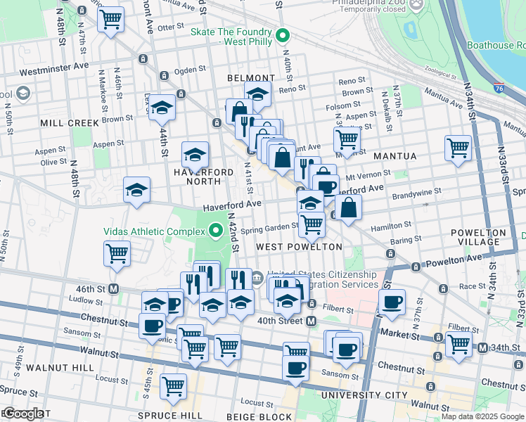 map of restaurants, bars, coffee shops, grocery stores, and more near 528 Budd Street in Philadelphia