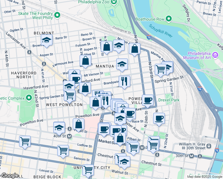 map of restaurants, bars, coffee shops, grocery stores, and more near 3702 Spring Garden Street in Philadelphia