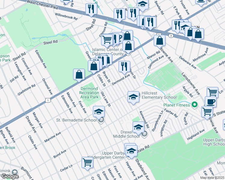 map of restaurants, bars, coffee shops, grocery stores, and more near 1130 Bryan Street in Drexel Hill