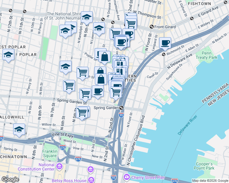 map of restaurants, bars, coffee shops, grocery stores, and more near 710 North 2nd Street in Philadelphia
