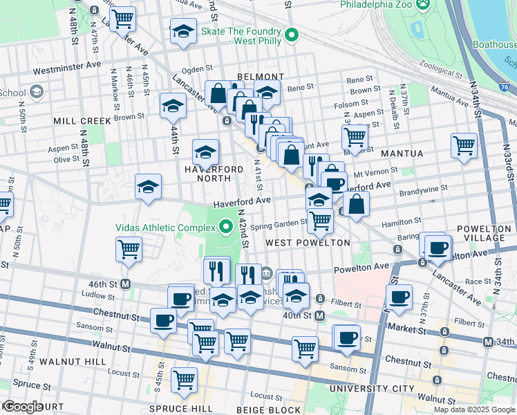 map of restaurants, bars, coffee shops, grocery stores, and more near 4100 Haverford Avenue in Philadelphia