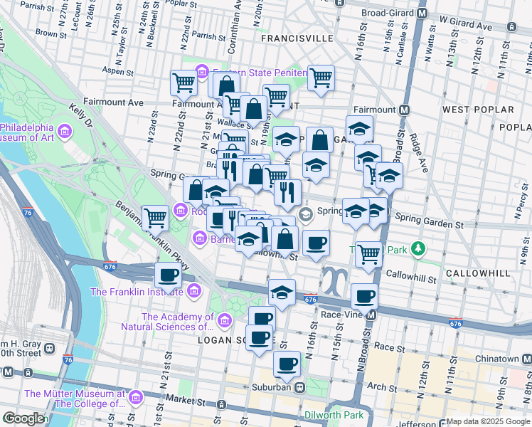 map of restaurants, bars, coffee shops, grocery stores, and more near 450 North 18th Street in Philadelphia