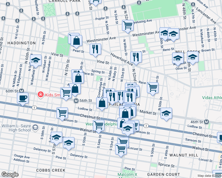 map of restaurants, bars, coffee shops, grocery stores, and more near 108 North Ruby Street in Philadelphia
