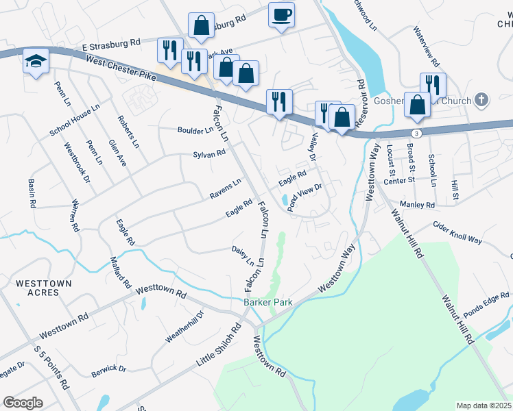 map of restaurants, bars, coffee shops, grocery stores, and more near 800 Falcon Lane in West Chester